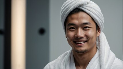 Portrait of smiling young asian man with white towel on head plain white background bright white studio lighting from Generative AI