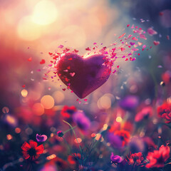 Valentines day background with red heart, flowers and bokeh