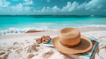 A book, a summer hat on a beach towel by the sea