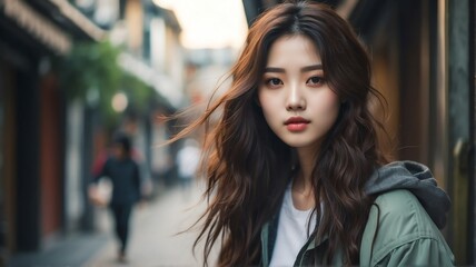 Attractive beautiful young korean girl looking like an idol in casual street background from Generative AI