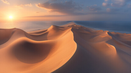 Sand dunes in a desert, right by the sea - obrazy, fototapety, plakaty