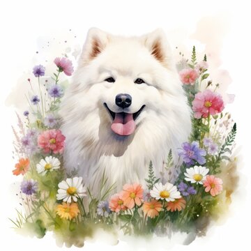 Samojede Aquarell Portrait Hundekunst Blumenfeld Hundeillustration Haustierportrait Wandkunst Tiermalerei Hundedekor Geschenkidee Wohnzimmer Kunst f&uuml;r Hundeliebhaber