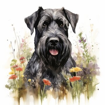 Riesenschnauzer Aquarell Portrait Hundekunst Blumenfeld Hundeillustration Haustierportrait Wandkunst Tiermalerei Hundedekor Geschenkidee Wohnzimmer Kunst f&uuml;r Hundeliebhaber