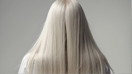 Naklejka premium Back view of beautiful long shiny straight white hair of a woman on plain white background, hair products ad concept from Generative AI