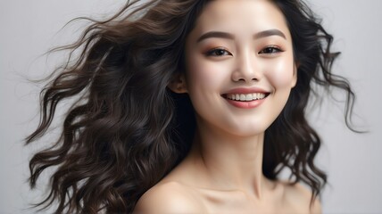 Beautiful happy smiling chinese woman on plain bright white background for skin body care, beauty salon ad concept from Generative AI