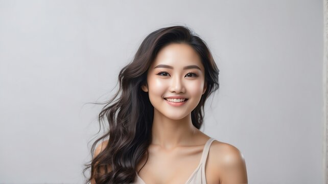 Beautiful happy smiling asian woman on plain bright white background for skin body care, beauty salon ad concept from Generative AI