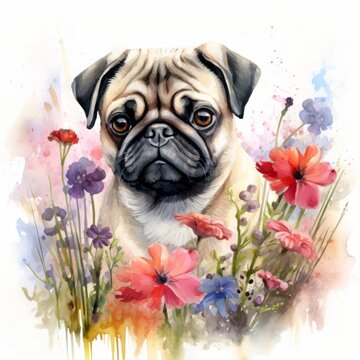 Mops Aquarell Blumenwiese Haustier Portrait Niedlich Hund Kunst Frühling Blüten Natur Deko Wandbild Wohnzimmer Illustration Geschenk