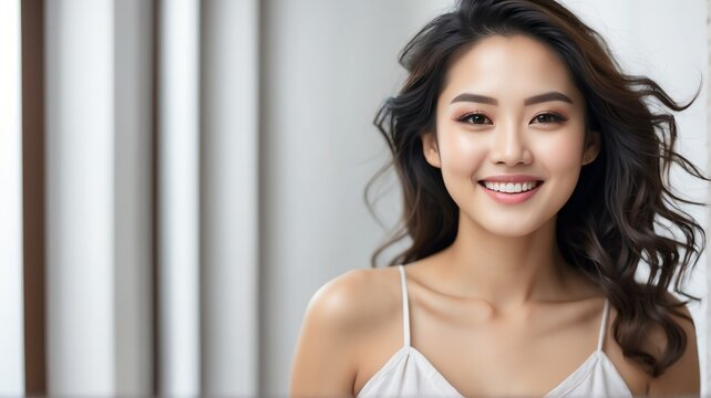 Beautiful happy smiling asian woman on plain bright white background for skin body care, beauty salon ad concept from Generative AI