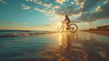 Fototapeta premium A person rides a bicycle on the beach