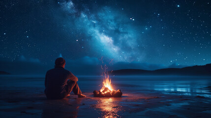 A man sits alone by the fire at night on the beach next to a body of water