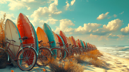 Bicycles and surfboards on the beach by the sea - obrazy, fototapety, plakaty