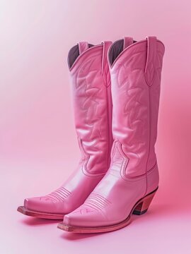 Pair of pink female cowboy boots on pastel pink background.