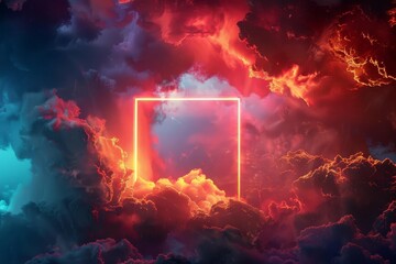 Abstract neon background with a glowing square frame amidst swirling clouds Creating a surreal and futuristic atmosphere for creative projects.