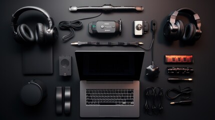 Set up PC computer monitor screen on work desk, seen from above flat lay style, technology background.