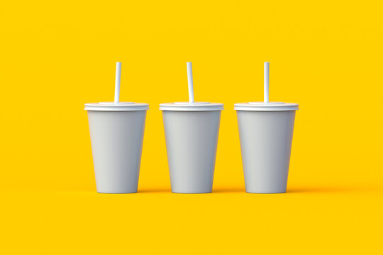 Row of disposable cups for beverages with straw. Plastic or paper package for soda drink. Cinema accessories. 3d render