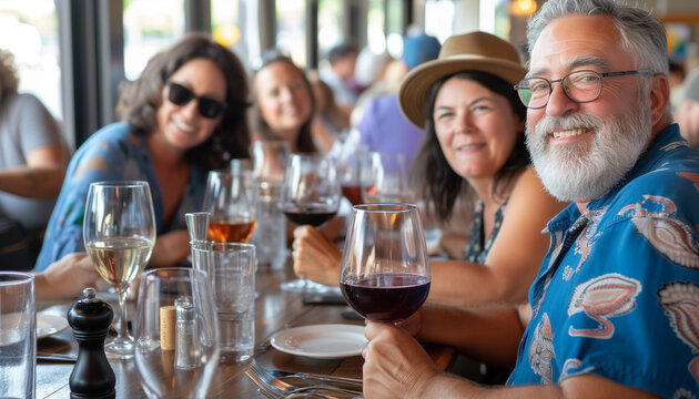 Sociable Group of Mature Friends Enjoying Wine Tasting at a Local Bistro - An Image of Leisure, Camaraderie, and Good Spirits
