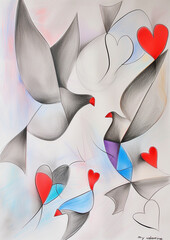 Artistic Interpretation of Love with Abstract Swans and Heart Shapes - A Creative Illustration of Romance and Affection