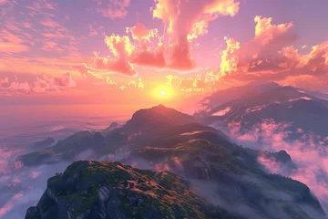 Fototapete Lavendel Ai-generated vista of a majestic mountain range at dawn With vibrant skies and a sense of adventure.