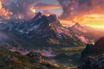 Ai-generated vista of a majestic mountain range at dawn With vibrant skies and a sense of adventure.