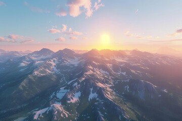 Ai-rendered vista of the majestic rocky mountains at dawn Capturing the essence of exploration and the beauty of nature from a drone's perspective - obrazy, fototapety, plakaty