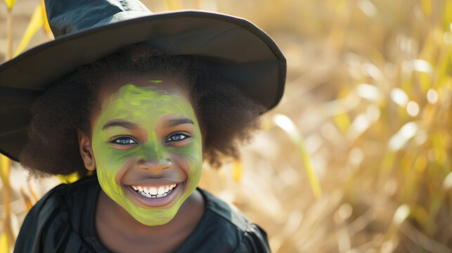 Halloween Fun in the Countryside: Joyful African American Child in Witch Costume with Green Face Paint - A Celebration of Imaginative Play