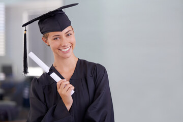 Graduate, diploma and portrait of happy woman at college for scholarship in Canada. Face, graduation or smile of student with certificate for education, achievement or success at university on mockup