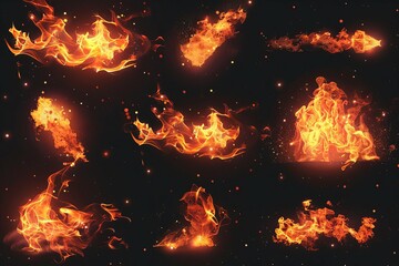 Animated flames and sparks collection Offering various fire effects on a transparent background for dynamic design projects - obrazy, fototapety, plakaty