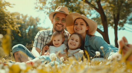 Portrait of a happy family on a picnic together in outdoor green garden. Happy, smile and parents playing, hugging with children outside in backyard or park at summer time. Generative AI