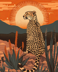 cheetah, sun-kissed palettes, visual puns, ephraim moses lilien, nature-inspired shapes, album, folio and fan formats --ar 67:84 --style raw Job ID: d4514a70-c4fe-4f3c-afbe-bea41cd74a05 - obrazy, fototapety, plakaty