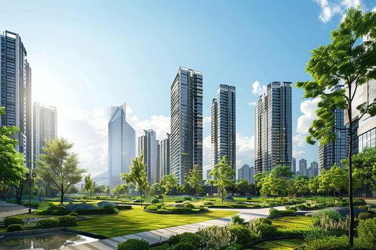 Architectural rendering of a contemporary residential complex Featuring sleek apartment buildings set against a landscaped urban environment.