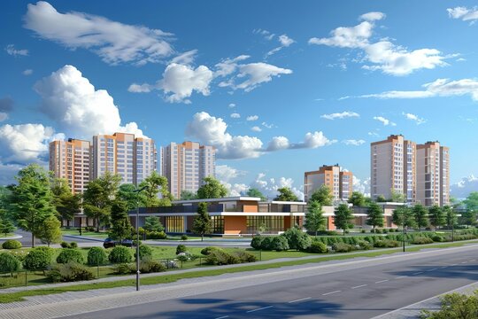 Architectural rendering of a contemporary residential complex Featuring sleek apartment buildings set against a landscaped urban environment