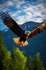 The Aerial Monarch: Majestic Eagle Soaring Above the Lush Forest Canopy