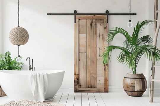 Bathroom interior with white walls, wooden floor, white bathtub and green plants.