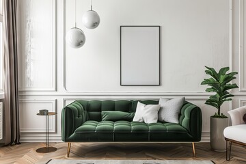 Modern Living Room With Green Couch and White Chair mock-up poster frame. Generative AI