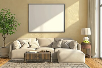 Modern Living Room With Couch and Table mock-up poster frame. Generative AI