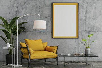Modern Living Room With Yellow Chair and Black Table mock-up poster frame. Generative AI