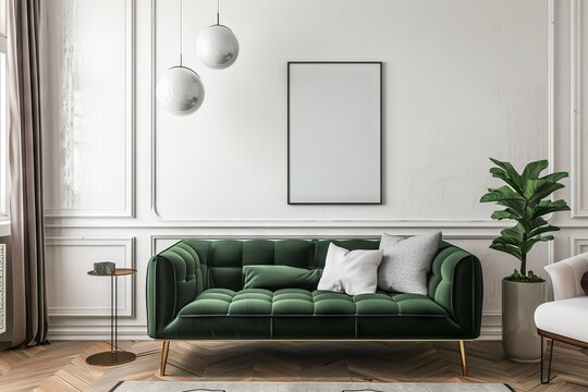 Modern Living Room With Green Couch and White Chair mock-up poster frame. Generative AI