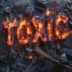 Burning Typography Illustration with "Toxic" Text on Dark Background

