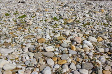 a lot of round stones in a beach