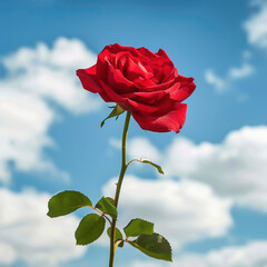 Red rose on blue sky background with copy space for your text.