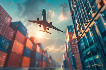 Cargo airplane flying high in the sky Efficiently transporting goods across continents Symbolizing global trade and logistics. - obrazy, fototapety, plakaty
