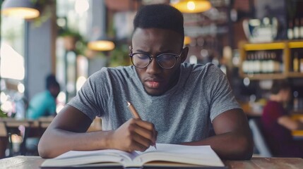 Focused millennial african american student in glasses making notes writing down information from...