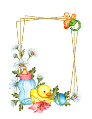 Watercolor illustration of a frame of children's toys, supplies and daisies. Bottle, rubber duck, rattle, pacifier. Isolated on white. Composition for metric, scrapbooking, card, packaging, design, 