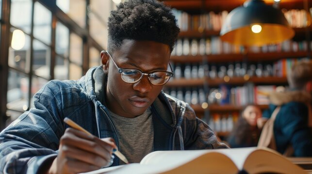 Focused Millennial African American Student In Glasses Making Notes Writing Down Information From Book In Cafe Preparing For Test Or Exam, Young Serious Black Man Studying Or Working In Coffee House