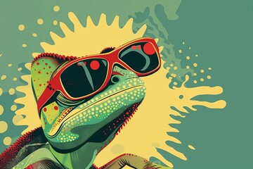 Chameleon sporting sunglasses Depicted in a stylized vector art against a minimalist abstract background Blending humor and creativity.