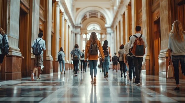 Multiracial students are walking in university hall during break and communicating.