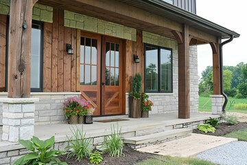 Charming entrance to a modern farmhouse With a welcoming porch Elegant door with sidelights And a combination of stone and wood finishes.