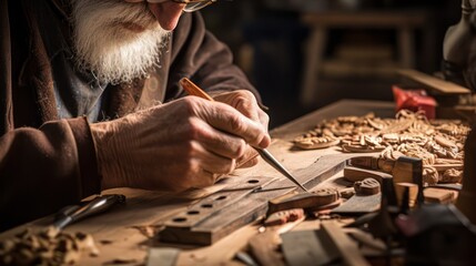Close up view of an old carpenter's hand making a traditional manual carving on a wooden board.