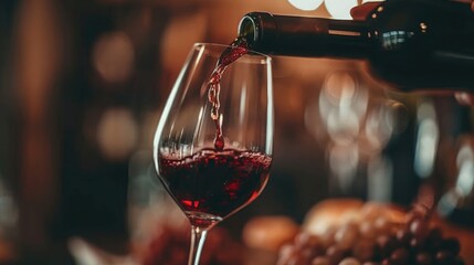 Red wine pouring into wine glass, close-up