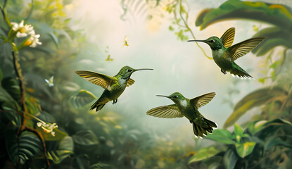 Male and female broad-billed hummingbirds in flight